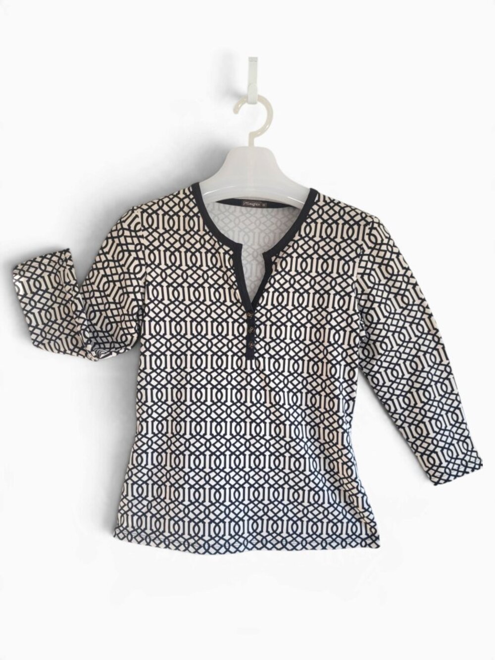 J. McLaughlin XS Catalina Cloth Geometric Lattice Print 3/4 Sleeve Henley Top